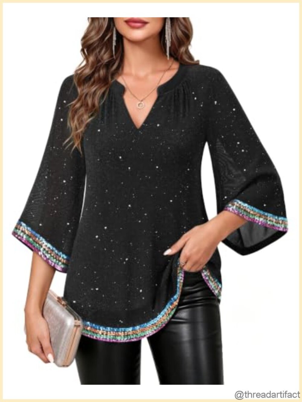 Women's 3/4 Sleeve Sparkly Sequin Tunic Top V Neck Blouse